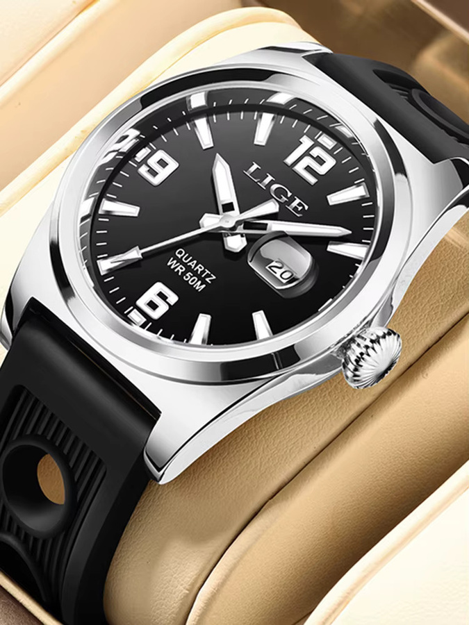 LIGE Chronograph Armbanduhr, Quarz, Silikon, Schwarz, Herren - Bild 7