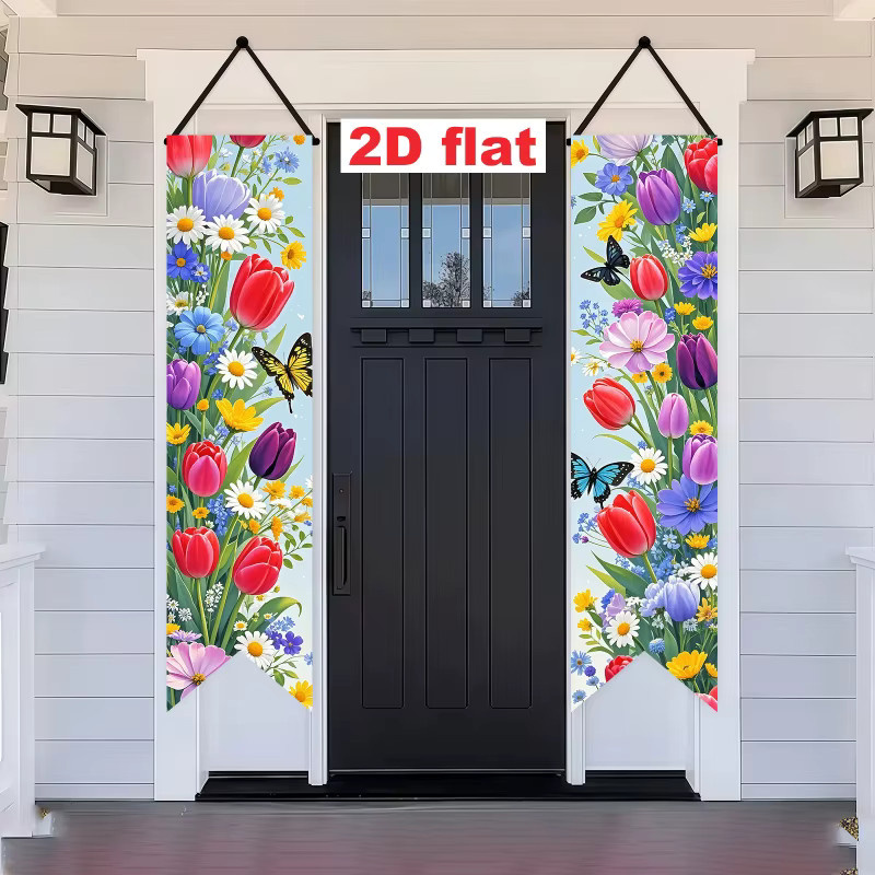 VIKAMA Frühlingsblumen-Veranda-Banner mit Tulpen- und Schmetterlingsdruck, Mehrfarbiges 2D-Flachdekorationspanel für Oster- und Frühlingspartys, B: 120 cm, H: 30 cm - Bild 4
