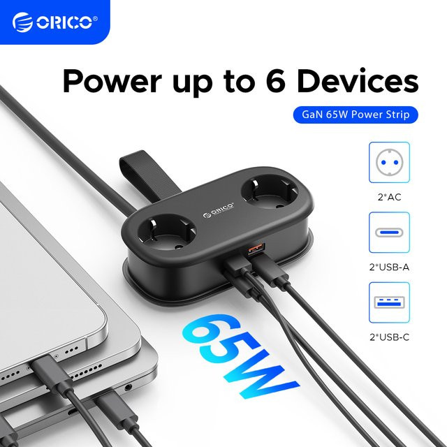 ORICO GaN 65 W Steckdosenleiste mit 2 AC-Steckdosen, 2 USB-Anschlüssen und 1 USB-C-Buchse in Schwarz - Bild 1