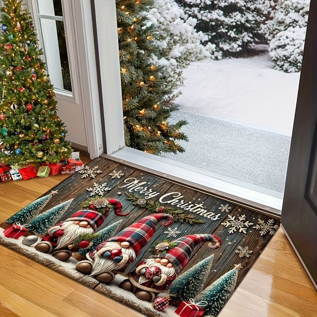 VIKAMA Weihnachtszwerg und Schneeflocken Eingangstürmatte, rutschfester dekorativer Teppich für die Weihnachtsdekoration - Bild 1
