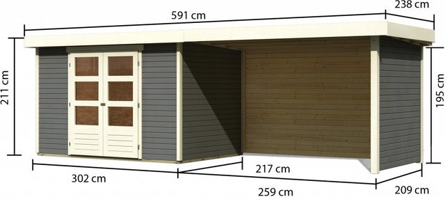 Gartenhaus ASKOLA 4 in Terragrau mit 19 mm Wandstärke, inklusive 280 m Anbaudach sowie Rück- und Seitenwand, B: 302 cm, T: 217 cm - Bild 1