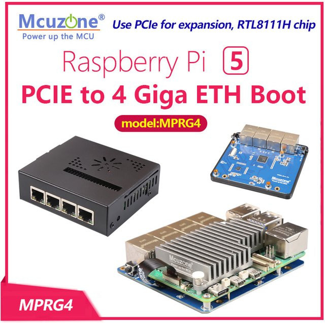 MCUZONE MPRG4 Gehäuse für Raspberry Pi 5 mit PCIe zu 4x Giga Ethernet Boot, Schwarz - Bild 1