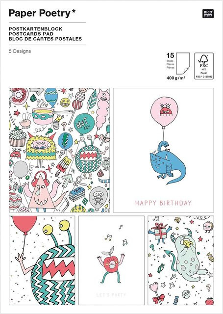 Rico Design Paper Poetry Postkartenblock Monster Party mit 15 Stück und 400g/m² - Bild 1