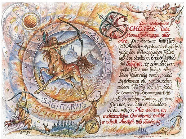 Sternbild Schütze Poster auf Antikpapier im A4-Format, Vintage Typografie Wandposter in Multicolour - Bild 1