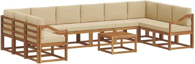 vidaXL 11-tlg. Outdoor-Sofagarnitur aus Akazienholz mit Kissen in Natur und Beige - Bild 1