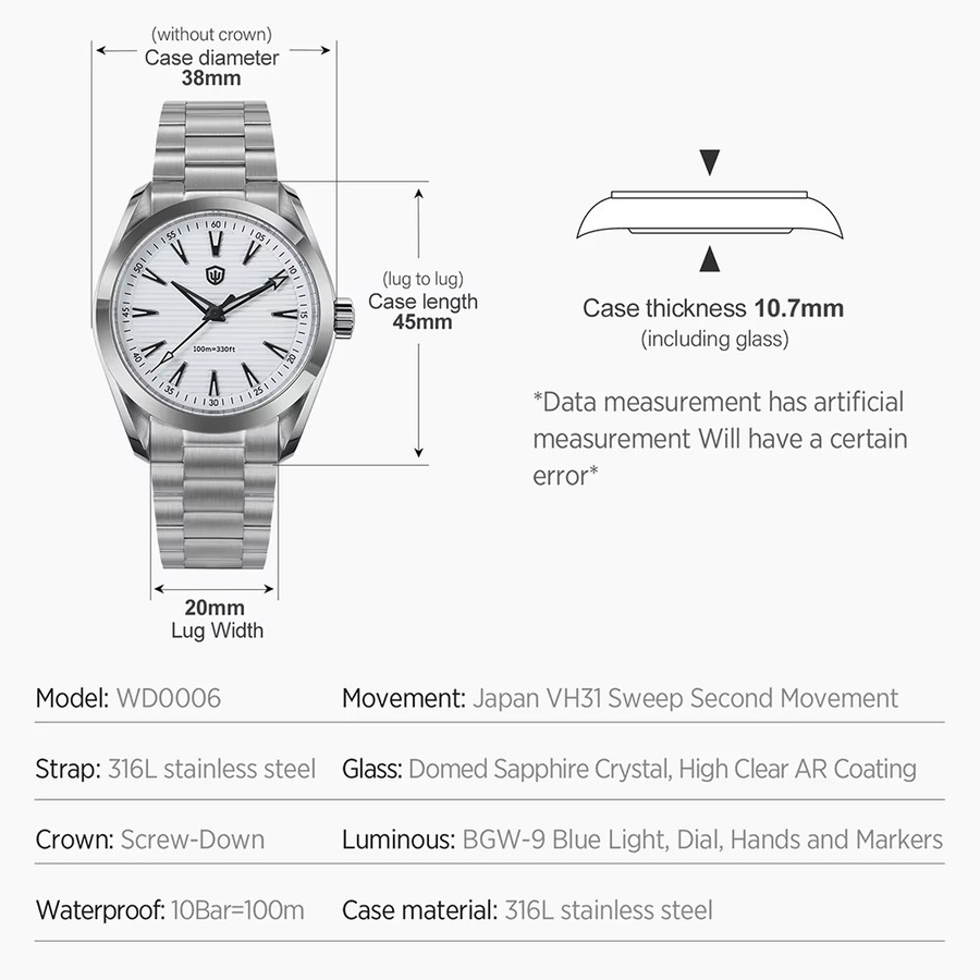 Watchdives Armbanduhr, Quarz, Edelstahl, 38 mm, Herren, Saphirglas - Bild 3