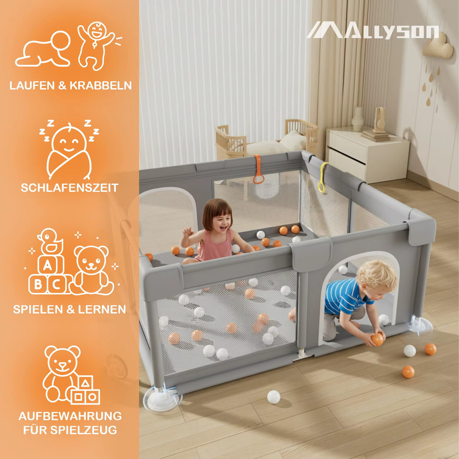 Allyson Laufstall und Laufgitter für Babys, Grau, B/T: 130 x 130 cm, faltbarer Reiselaufstall mit Metallrahmen und Oxford-Gewebe - Bild 2