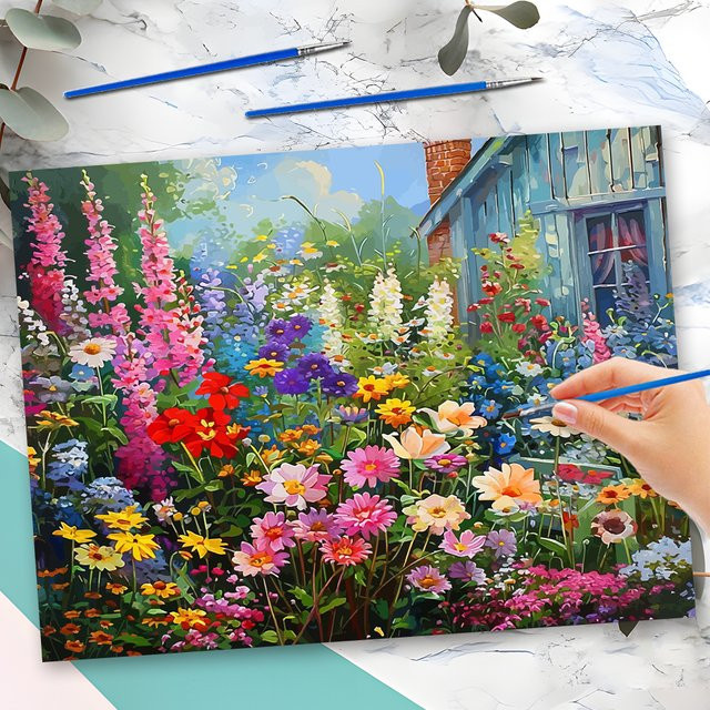 Momoart Malen nach Zahlen Set Blumen-Motiv auf Leinwand, Mehrfarbiges DIY-Bastelset mit floralem Garten-Design für Erwachsene - Bild 1
