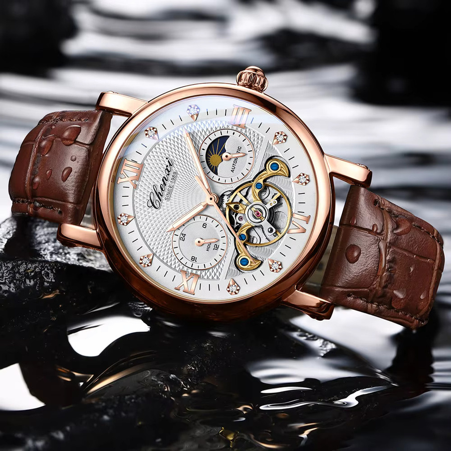 CHENXI Armbanduhr, Automatik, Tourbillon, Mondphase, Leder, Herren - Bild 3