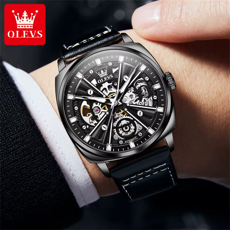 OLEVS Armbanduhr, Automatik, Tonneau, Leder, Schwarz, Herren - Bild 6