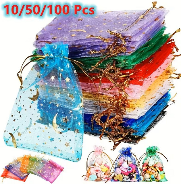 Transparente Gaze-Beutel mit Mond- und Sternenmuster und Kordelzug in gemischten Farben für Schmuck und Hochzeitsgeschenke - Bild 1