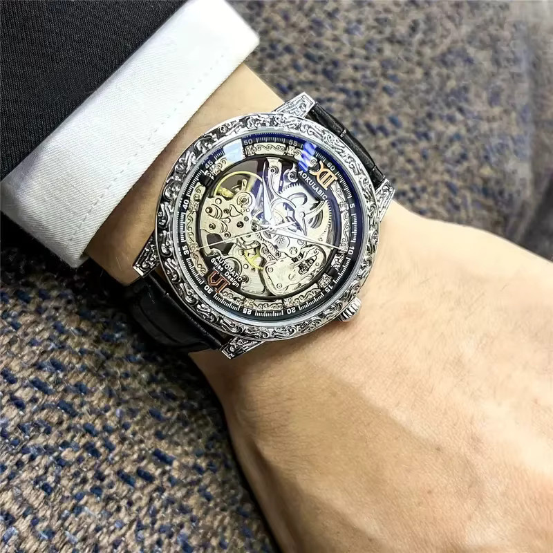 AOKULASIC Armbanduhr Automatik, Edelstahl, Roségold, Leder, Herren - Bild 2