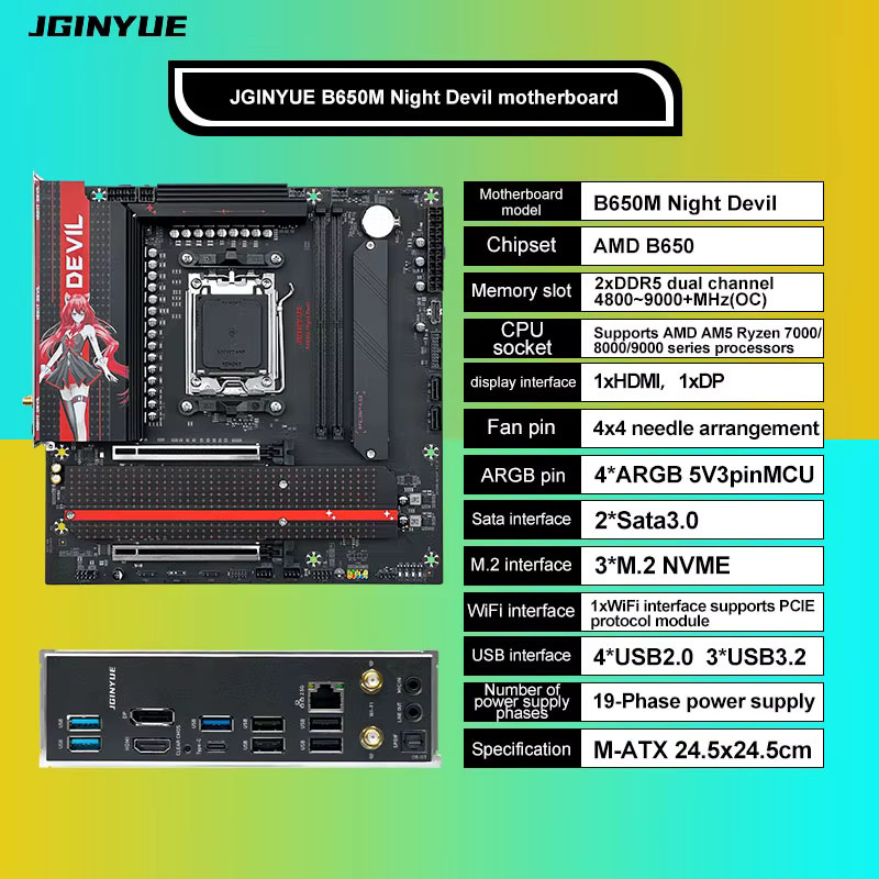 JGINYUE AMD B650M Night Devil M-ATX Motherboard in Schwarz mit DDR5 und M.2 NVMe Unterstützung für AMD AM5 Ryzen 7000/8000/9000 Serie Prozessoren - Bild 4