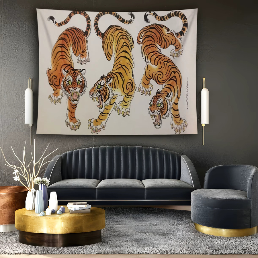 VIKAMA Japanischer Ukiyo-e Wandteppich mit drei Tigern im Tuschmalerei-Stil, Wandbehang in Multicolour, Breite: 60 cm, Höhe: 40 cm - Bild 2