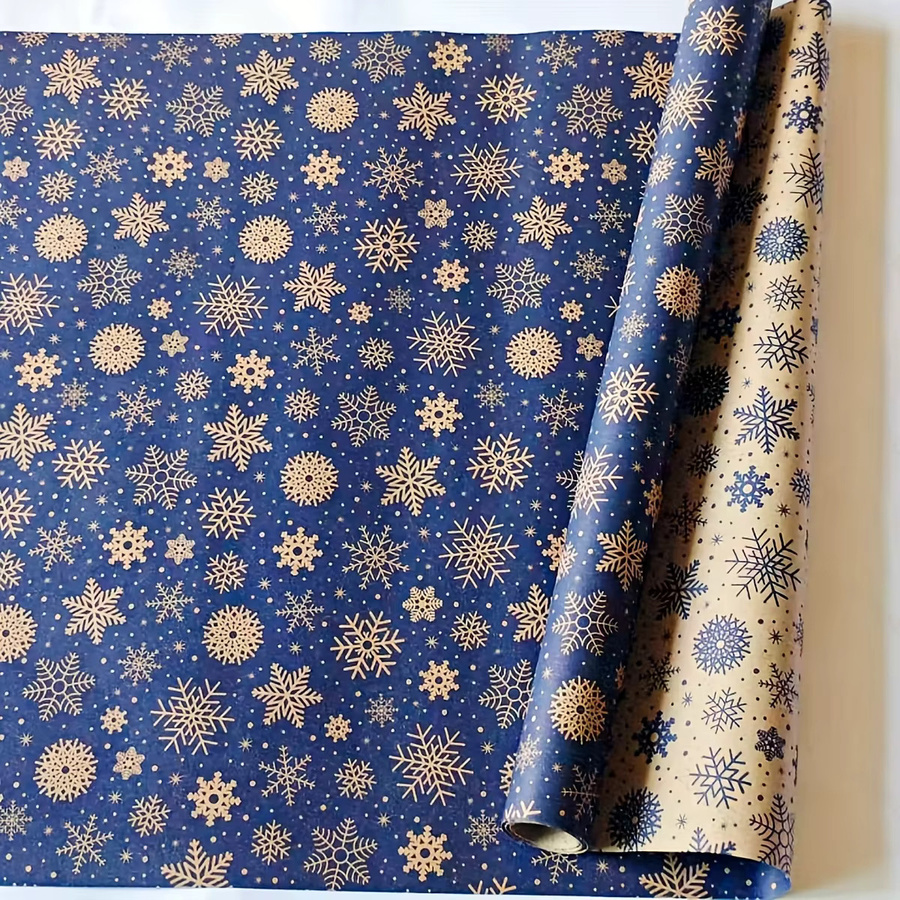 Geschenkpapier mit Schneeflocken-Motiv in Dunkelblau und Weiß mit Gold, ideal für Weihnachten und Neujahr - Bild 3
