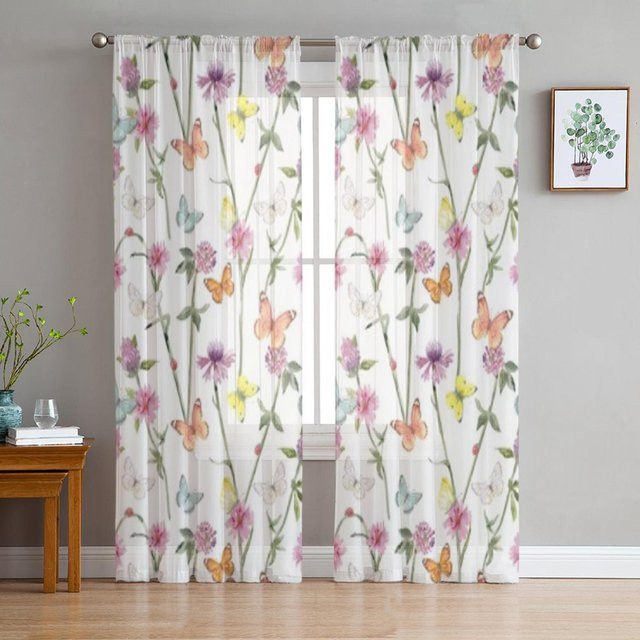 Binchi Outdoor Equipment Schmetterling Chiffon-Vorhang mit floralem Design, transparent, weiß, Breite: 135 cm, Höhe: 114 cm - Bild 1
