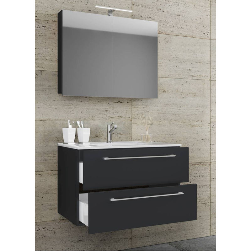 VCM Badinos 3-tlg. Waschplatz Set in Schwarz Matt mit Spiegelschrank, Waschbecken und Unterschrank, B/T/H: 80 x 46 x 50 cm - Bild 2