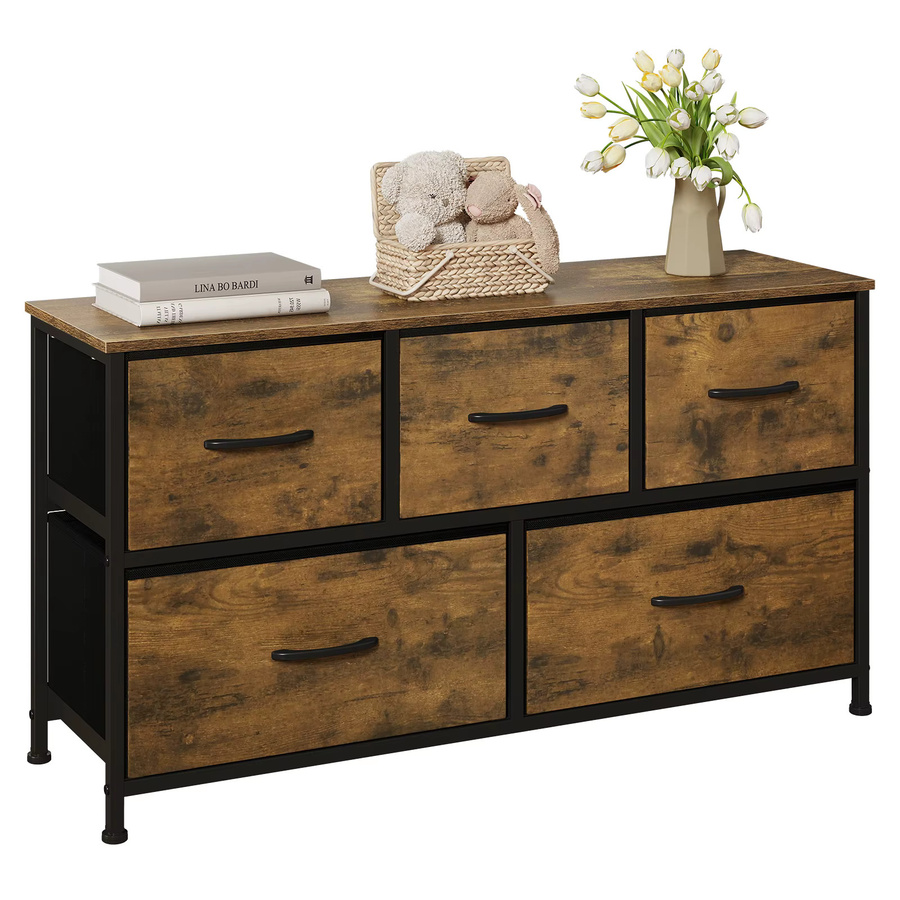 WOLTU TV-Schrank Sideboard in Braun im Industrial-Design mit 5 Schubladen aus Holz und Stoff für Wohnzimmer, Schlafzimmer oder Flur - Bild 2