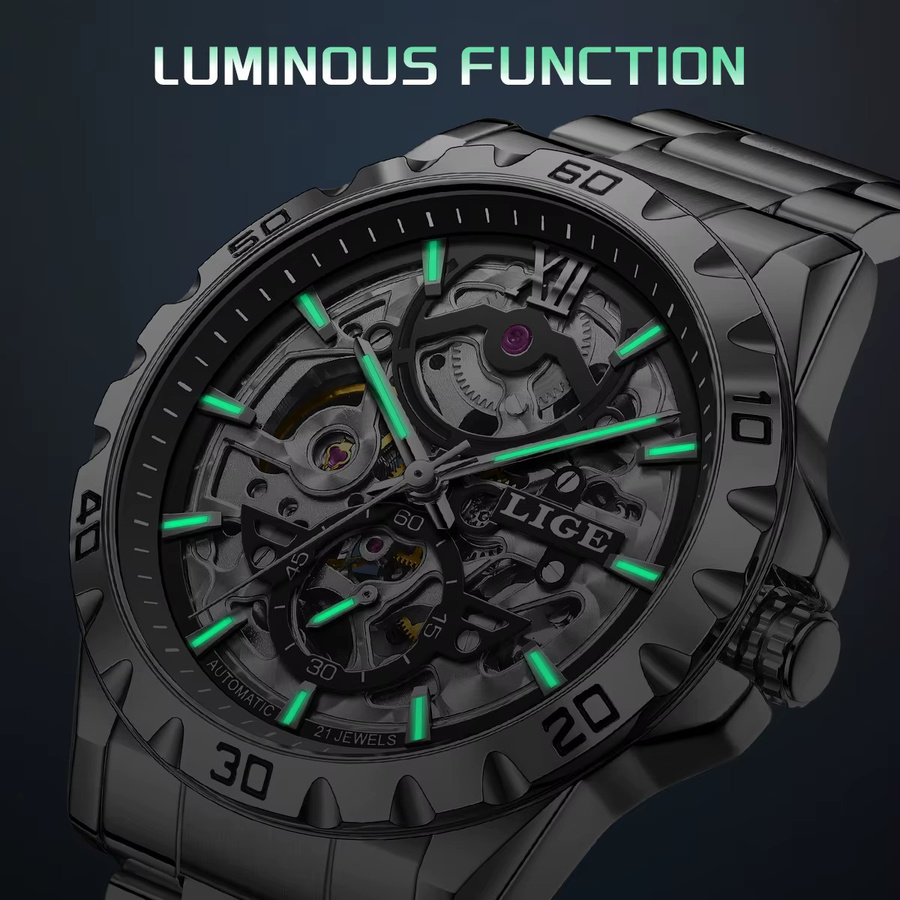 LIGE Ringuhr, Automatik, Edelstahl, Schwarz, Herren - Bild 4