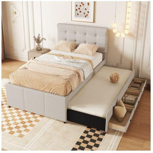 Gepolstertes Bett MUVOE in Beige mit 3 Schubladen und verstellbarem Kopfteil, B/T/H: 90 x 200 cm - Bild 1