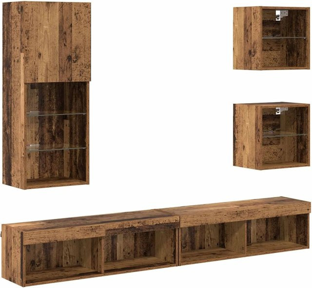 vidaXL TV Wand-Einheiten Set mit LED-Beleuchtung in Braun aus Holzwerkstoff und Glas, 5-teiliges Wandregal-Set für dein Wohnzimmer, B/T/H: 40,5 x 30 x 102 cm, 40 x 28,5 x 40 cm und 100 x 30 x 30 cm - Bild 1
