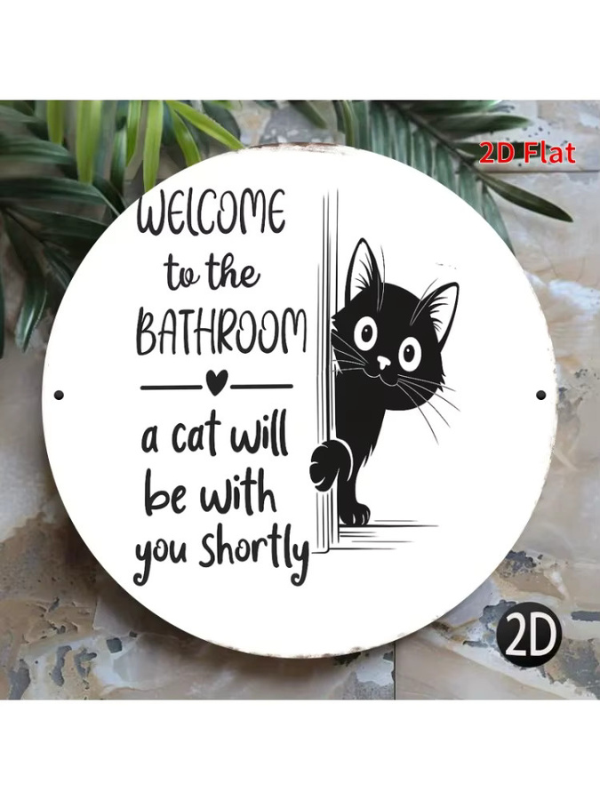 Potdemiel Badezimmer-Türschild Welcome to the Bathroom mit Katzenmotiv, rundes Metall-Türschild in Schwarz-Weiß, Durchmesser: 20 cm - Bild 6