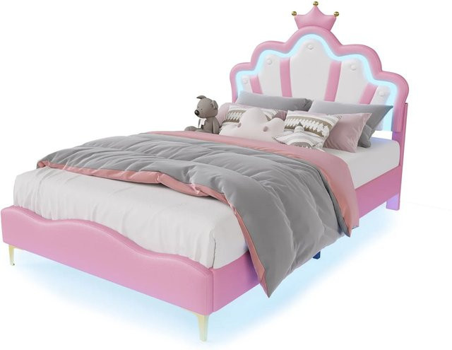 PXloue Kinderbett mit LED-Unterbettbeleuchtung und verstellbarem Kopfteil in Rosa, gepolstertes PU-Polsterbett B/T/H: 90 x 190 cm - Bild 1