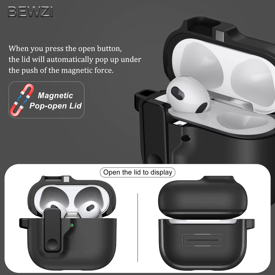 Schutzhülle für Apple AirPods 4 mit 2 Haken, Drucktastenschalter und magnetischem Pop-open-Deckel in Schwarz und Lila - Bild 2