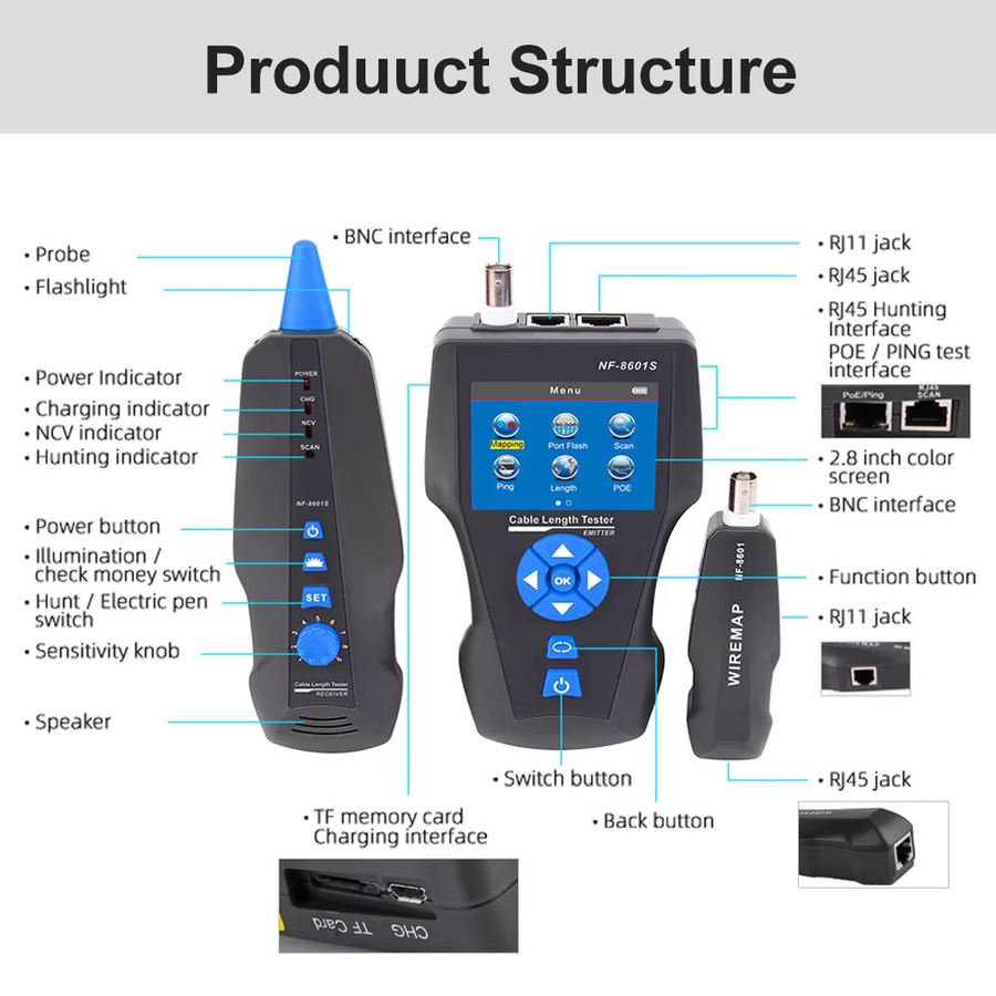 Noyafa NF-8601S Multifunktions TDR Ethernet Kabel Tester für RJ45 RJ11 BNC CAT5 CAT6 6E CAT7 PoE LAN Test und Ping in Schwarz - Bild 4