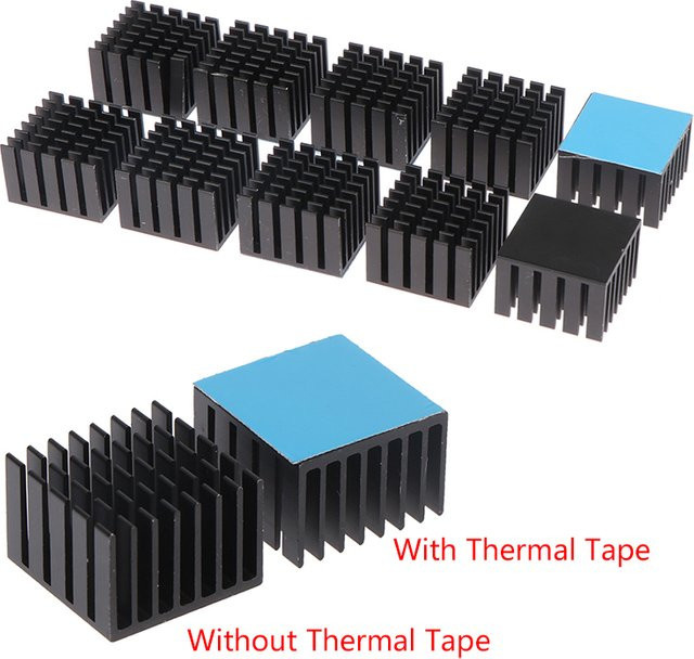 JETTING Aluminium-Kühlkörper Set mit Thermoband für elektronische Chips, IC und LED, 5 Stück, B/T/H: 22 x 22 x 15 mm, Silber und Schwarz - Bild 1