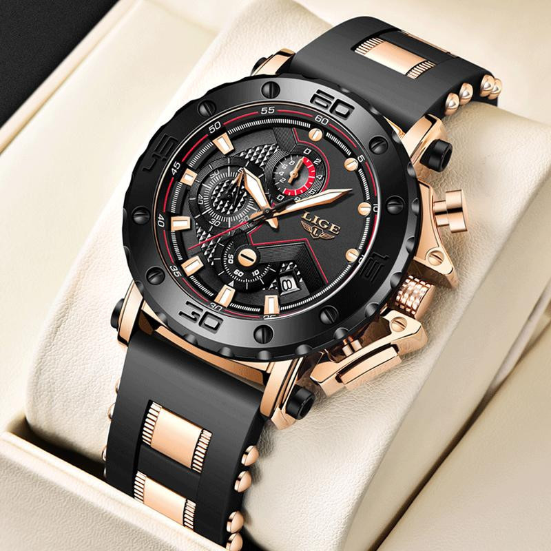 LIGE Armbanduhr, Digitaluhr, Quarz, Edelstahl, Silikon, Schwarz/Gold, Herren - Bild 5