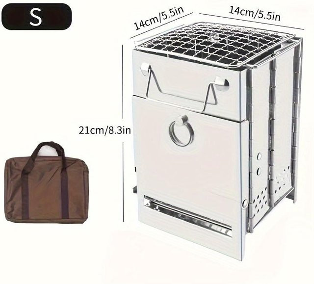 Binchi Garden Tragbarer Campingkocher aus Edelstahl mit Holzgriff, Faltbarer Holzofen und Mini-Holzkohlegrill in Silber - Bild 1