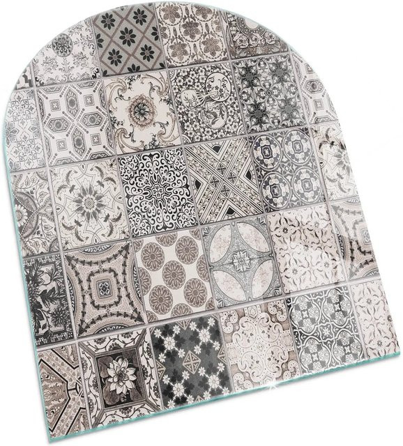 Tulup Dekorative Kamin-Glasplatte mit Fliesenmuster in Schwarz, Halbkreis, B: 80 cm, H: 70 cm - Bild 1