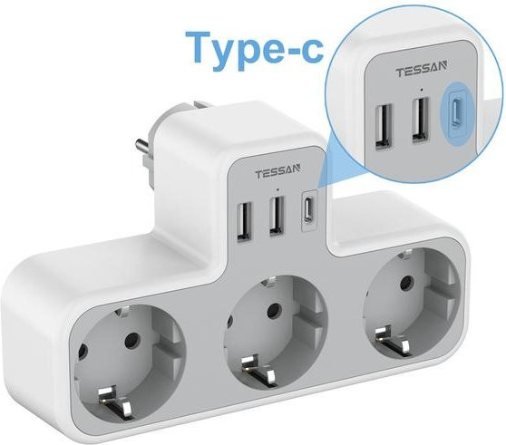TESSAN 6 in 1 Mehrfachsteckdose mit 3 Steckdosen, 2 USB-C und 1 USB-A Port in Grau mit Überlastschutz - Bild 1