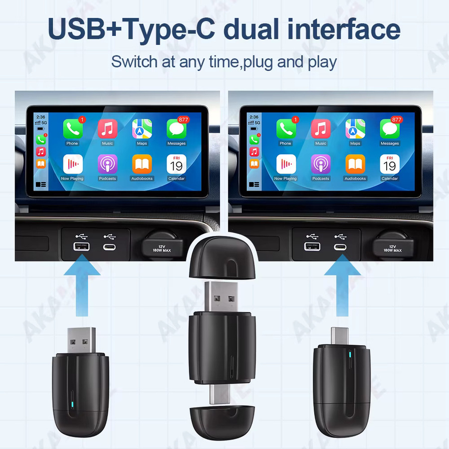 AKAMATE 2-in-1 Dongle für Android Auto und Apple CarPlay, kabellos via Bluetooth und Wi-Fi, USB-C Anschluss, Schwarz - Bild 4