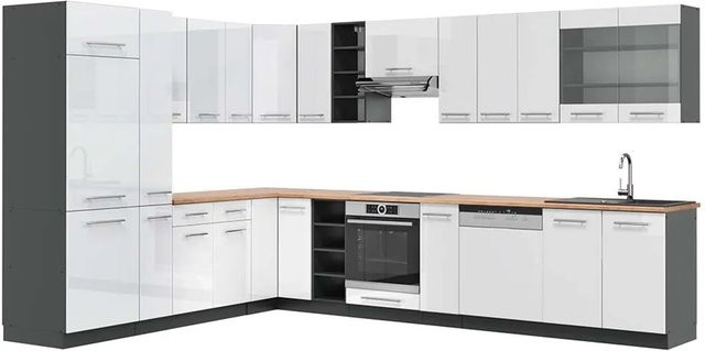 Vicco Fame-Line Eckküche in Weiß Hochglanz und Anthrazit mit Eiche-Optik, B: 347 cm, B: 257 cm - Bild 1
