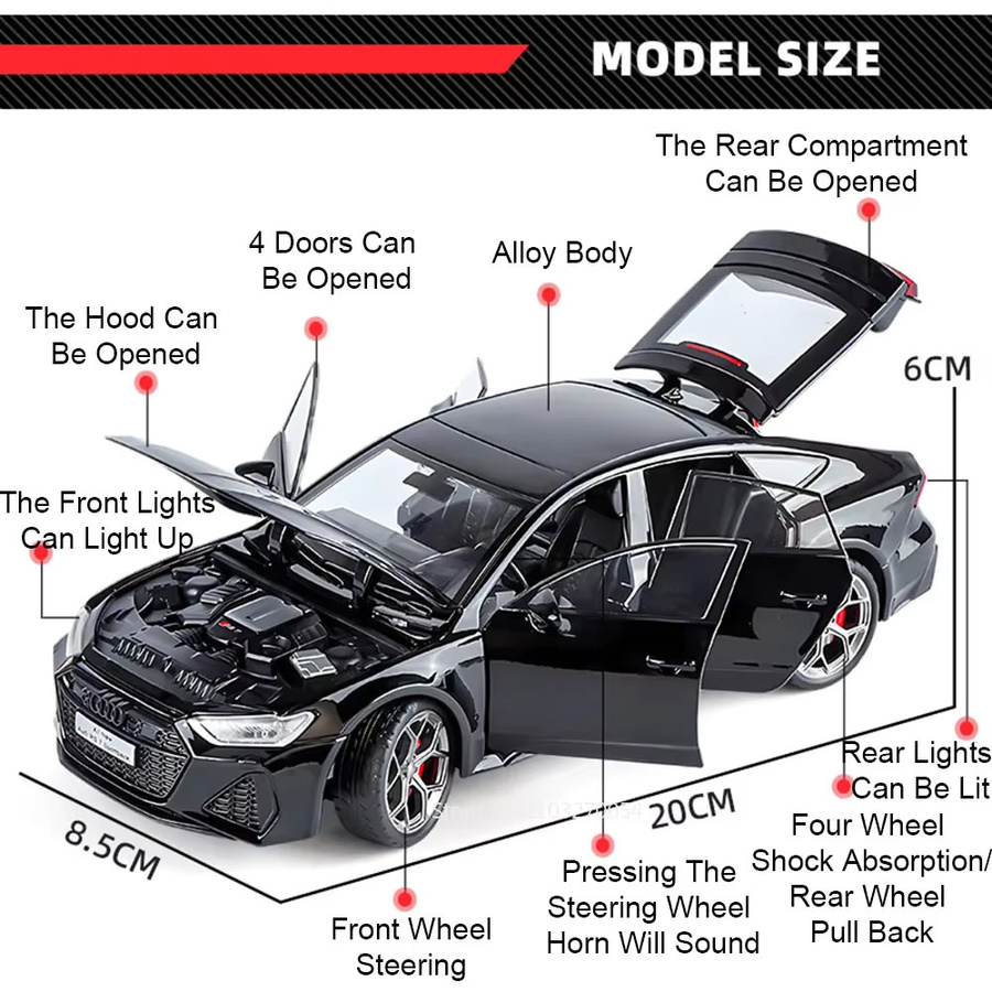 MAKEDA RS7 Sportback Diecast Modellauto 1:24 in Grau und Schwarz mit Sound und Licht - Bild 5