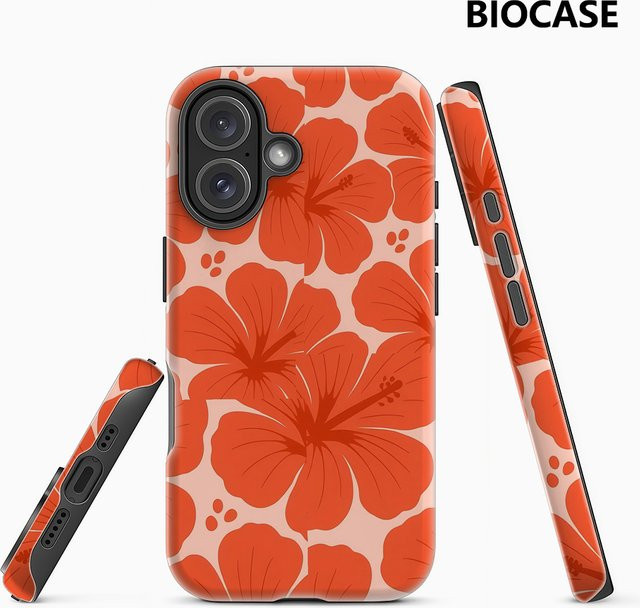 Robuste Magnetische iPhone Handyhülle mit Tropischem Hibiskus Design von Potdemiel in Orange - Bild 1
