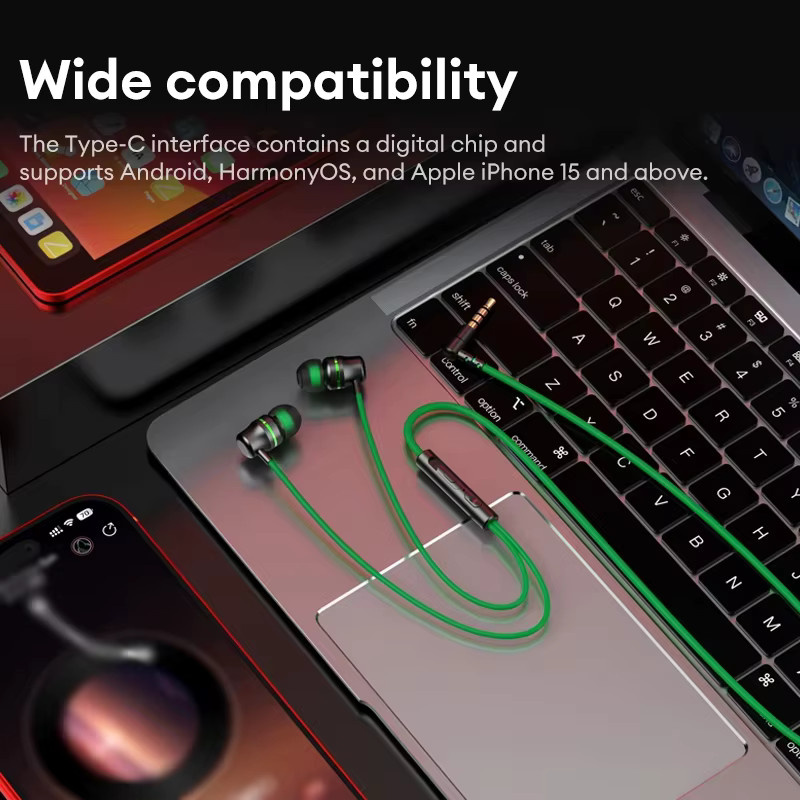 Lenovo YF38 In-Ear-Kopfhörer mit USB-C und 3,5 mm Klinkenanschluss, kabelgebunden mit Mikrofon und Steuerung, Schwarz-Grün - Bild 2