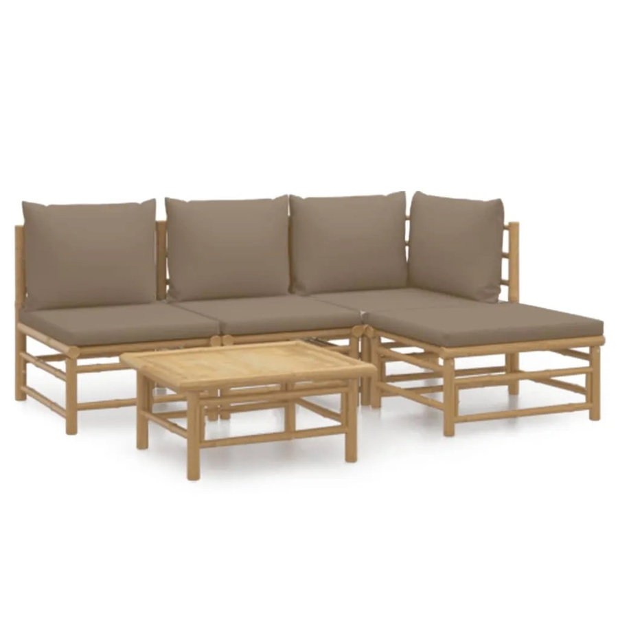 vidaXL 5-tlg Garten-Lounge-Set aus Bambus mit Kissen in Beige und Braun, L-Form mit Sofa, Eckelement, Ottoman und Couchtisch - Bild 2
