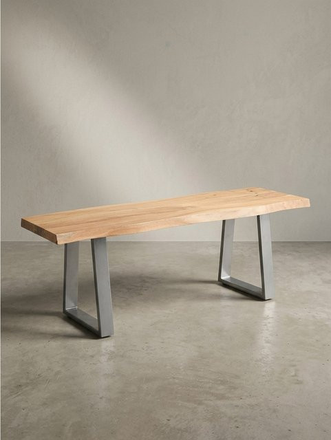 KADIMA DESIGN Garderobenbank aus Akazien-Massivholz und Metall mit Baumkante in Akazie-Silber, B/T/H: 120 x 40 x 46 cm - Bild 1