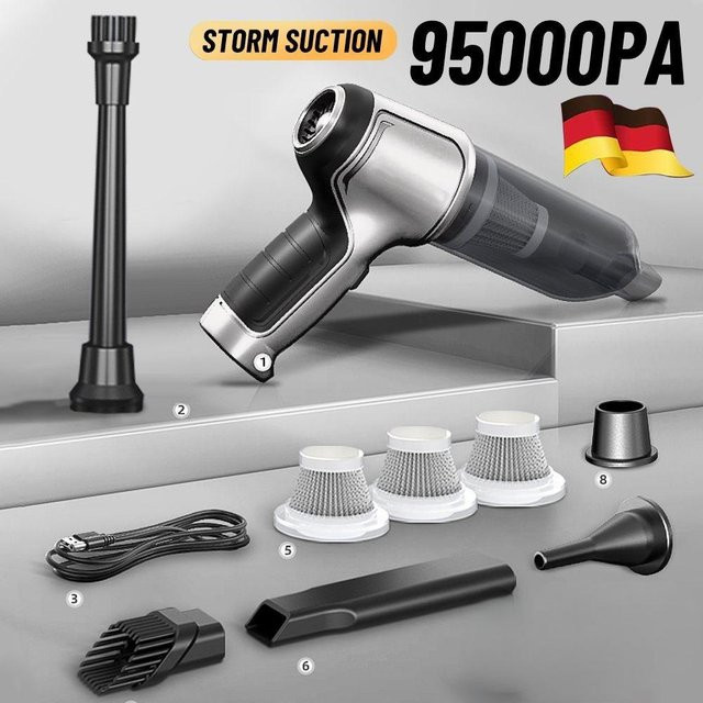 Carsun Kabelloser Mini-Handstaubsauger mit 95000Pa Saugkraft, bürstenloser Akku-Staubsauger für Auto und Haushalt, Nass-Trocken-Funktion, Silber - Bild 1