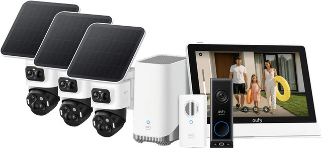 eufy Smart Home Sicherheitsset in Weiß mit eufyCam S4 3er-Pack, HomeBase 3, Video Doorbell E340 und Smart Display E10 - Bild 1