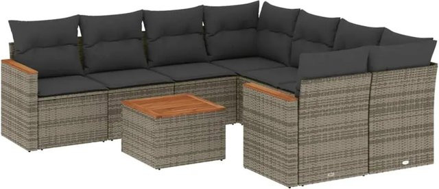 vidaXL 9-teilige Garten-Sofagarnitur aus Poly-Rattan und Akazienholz in Grau mit Kissen - Bild 1