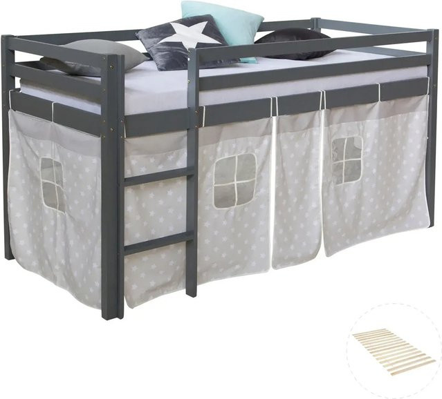 Homestyle4u Hochbett für Kinder aus Kiefernholz mit Vorhang und Lattenrost, Grau Sterne, B/T/H: 90 x 200 x 165 cm - Bild 1