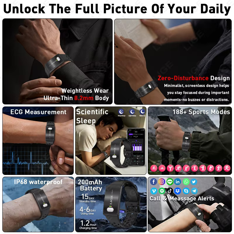 LIGE EKG Smartwatch Schwarz mit über 100 Sportmodi, Herzfrequenz- und Blutsauerstoffmessung sowie Gesundheitsmonitor für Männer und Frauen - Bild 5