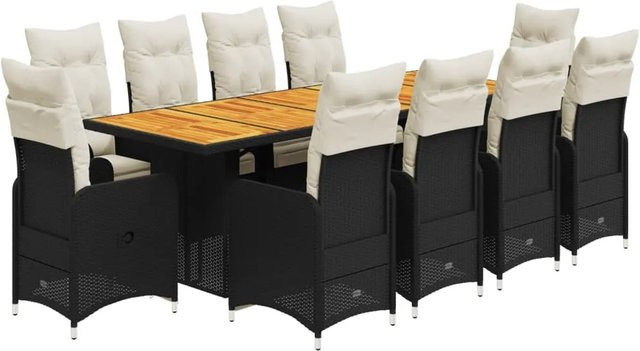 vidaXL 11-tlg Garten-Bistro-Set aus PE-Rattan und Akazienholz mit Kissen in Schwarz und Cremeweiß - Bild 1