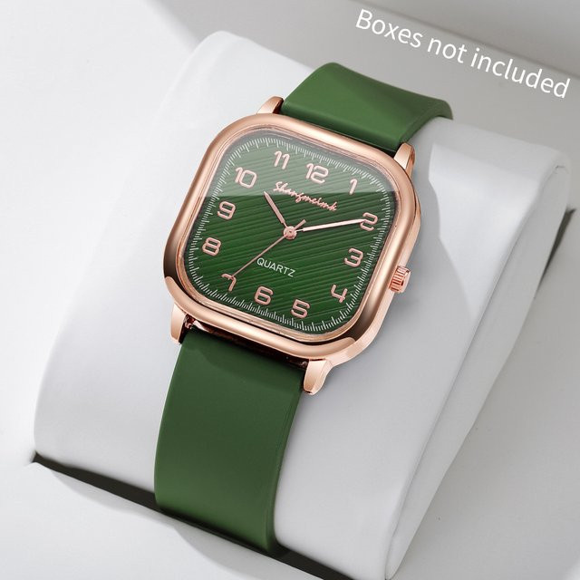 Armbanduhr Damen, Quarz, eckiges Zifferblatt, Roségold, Silikonarmband, Grün - Bild 1
