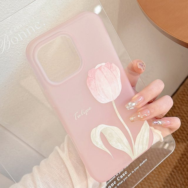 Potdemiel Handyhülle mit rosa Tulpenblumen-Muster für iPhone 11 bis iPhone 17 Pro Max, matte stoßfeste Schutzhülle in Pink - Bild 1