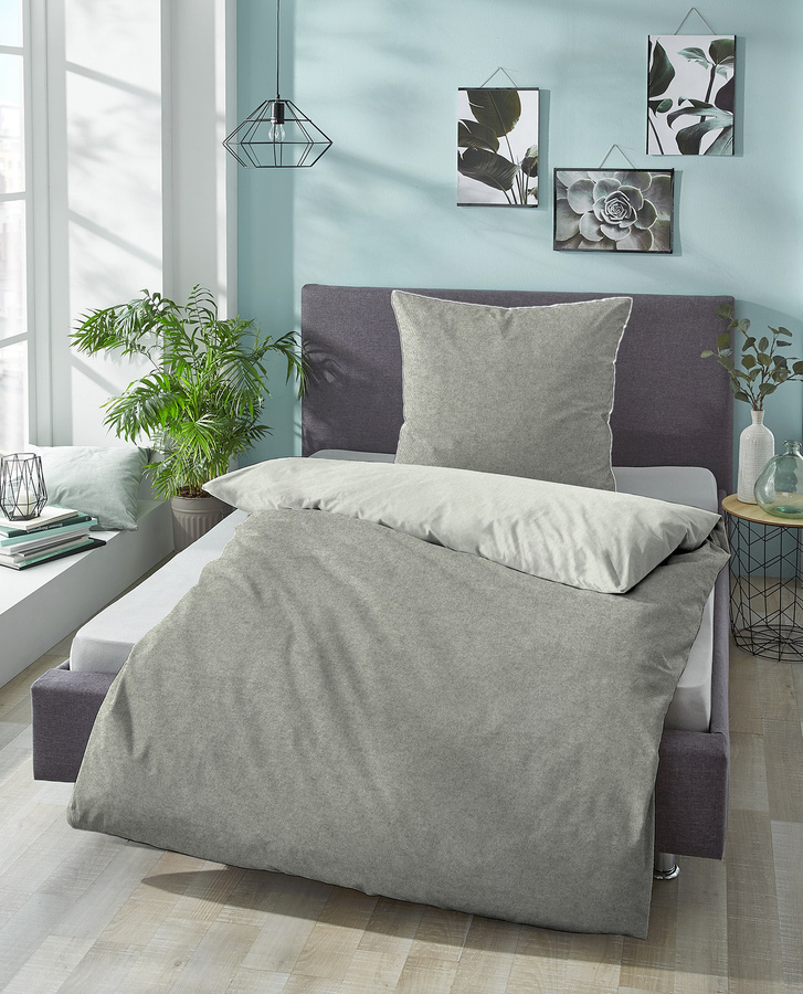 Biberna Bettwäsche Uni-Melange Flanell aus Baumwolle, Grau, B/H: 155 x 220 cm - Bild 1